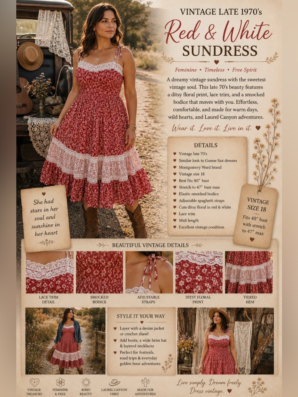 *Vintage 70’s, Volup size- smocked Gunne style- Red calico,  ruffled sundress
